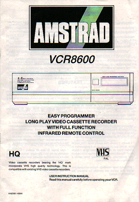 amstrad vcr8600 video  recorder    instruction manual users guide